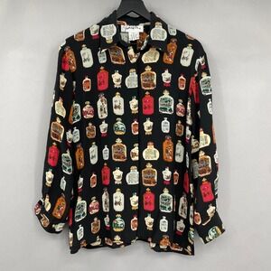 Vintage 90s Asian Snuff Bottle Print Button Up Shirt Womens M Black 100% Silk